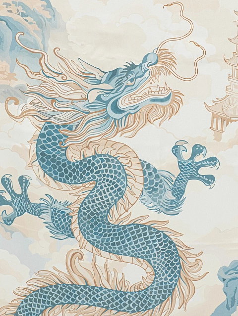 Бежевый шелковый платок с голубым принтом, 4