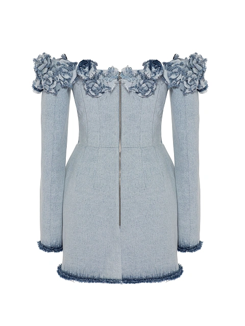 Голубое платье-мини из вареного денима с розами, 3
