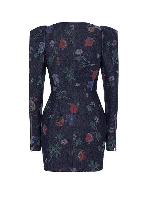 Синее платье-мини из денима с цветочным принтом, 3