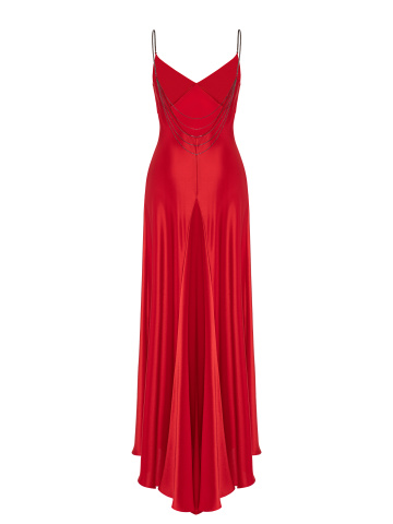 Красное платье-макси из шелка с серебряными бретелями, 2