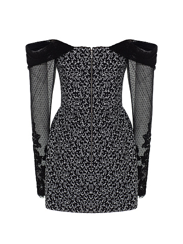 Черное платье-мини из хлопка с цветочным принтом и кружевными рукавами, 2