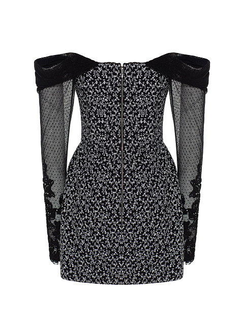 Черное платье-мини из хлопка с цветочным принтом и кружевными рукавами, 2