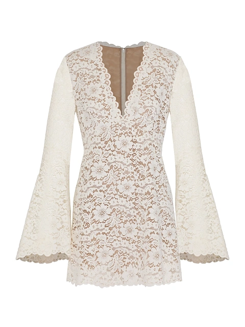 Бежевое платье-мини из кружева, 1