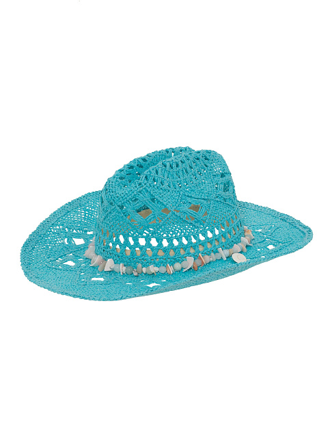 Бирюзовая соломенная шляпа с декором из берилла, лунного камня и ракушек, 1