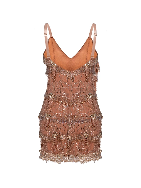 Светло-коричневое платье-мини из кружева с бисером, 3 Светло-коричневое платье-мини из кружева с бисером, 3