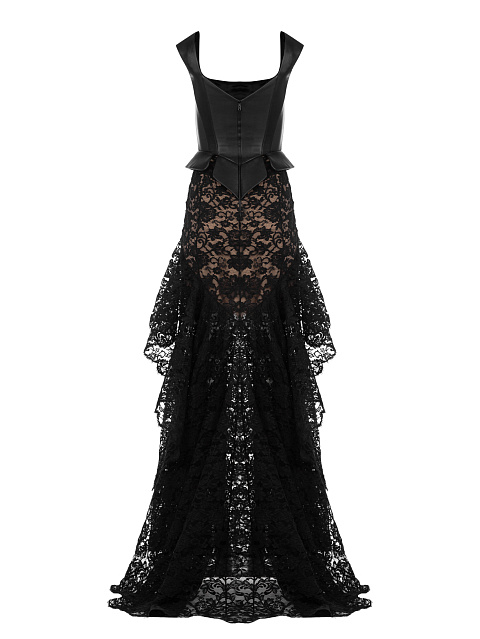 Черное кожаное платье-макси с кружевом, 2