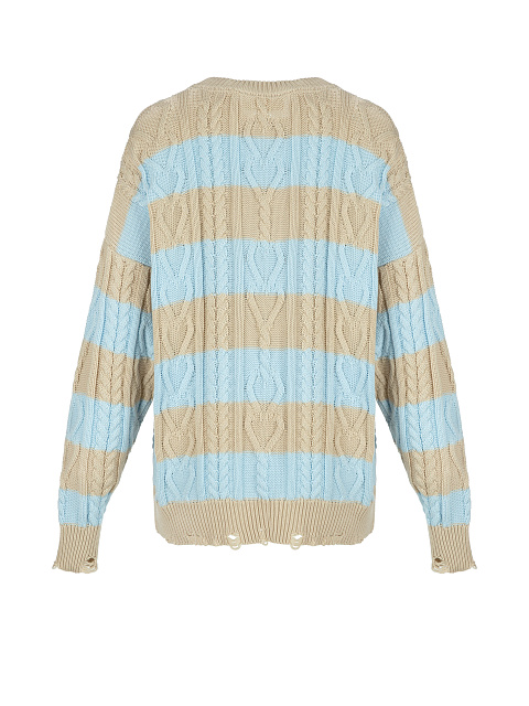 Хлопковый свитер с косами в бежево-голубую полоску, 2