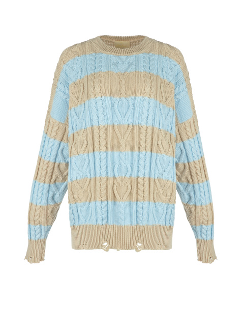 Хлопковый свитер с косами в бежево-голубую полоску, 1