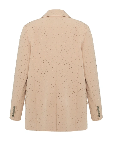 Бежевый костюм из жакета и юбки-мини в стразах, 2