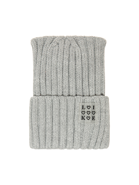 Светло-серая вязаная шапка с нашивкой Like, 1