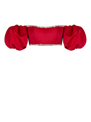 Красный атласный топ с рукавами-фонариками и стразами, 1