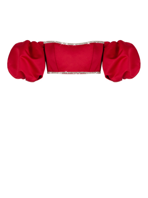 Красный атласный топ с рукавами-фонариками и стразами, 1