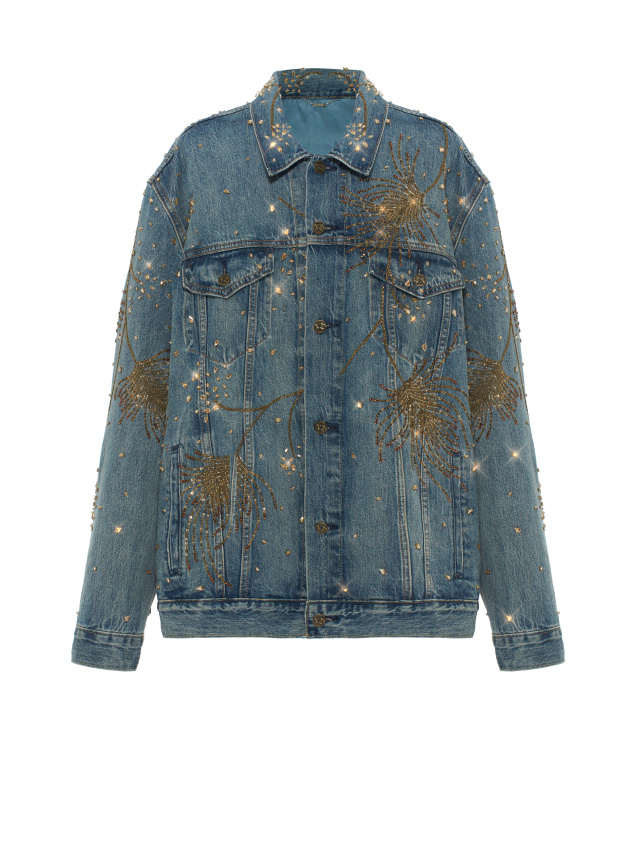 Синяя джинсовая куртка с вышивкой бисером и кристаллами, 1