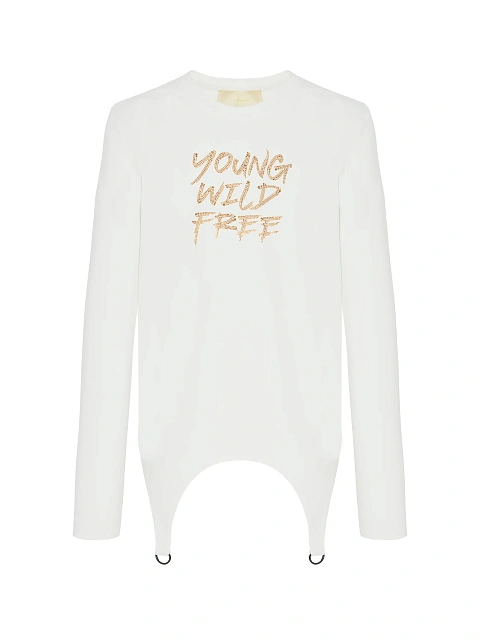 Белый хлопковый лонгслив с фигурным низом и золотистыми стразами, 1