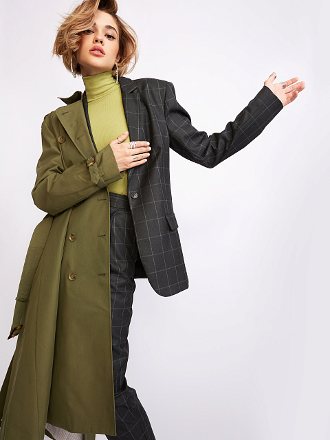 Двубортный тренч цвета хаки с поясом, 14