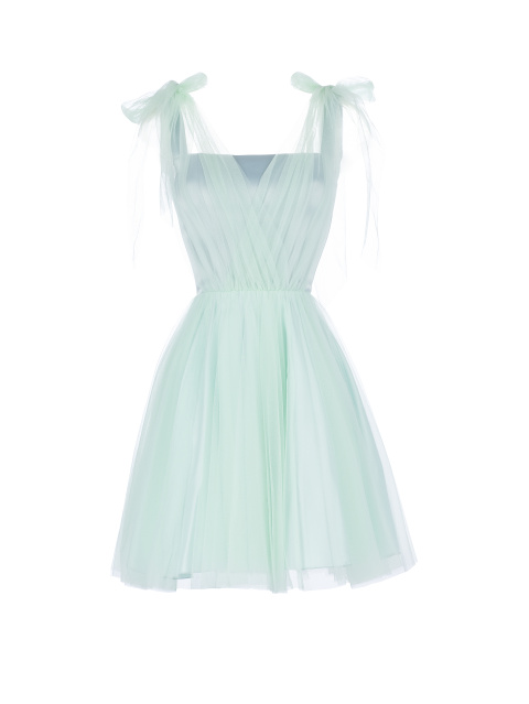 Мятно-зеленое атласное платье-мини с декором из сетки, 1