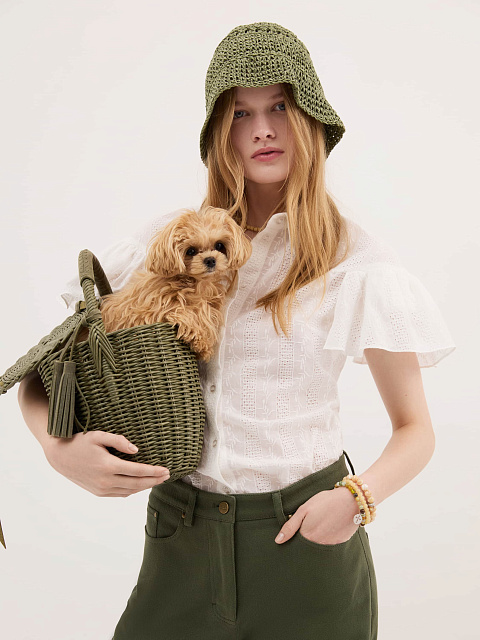 Сумка-корзина цвета хаки с декором из кожи, 8