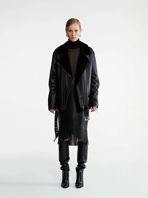 Черная юбка-миди из кожи с бахромой, 4