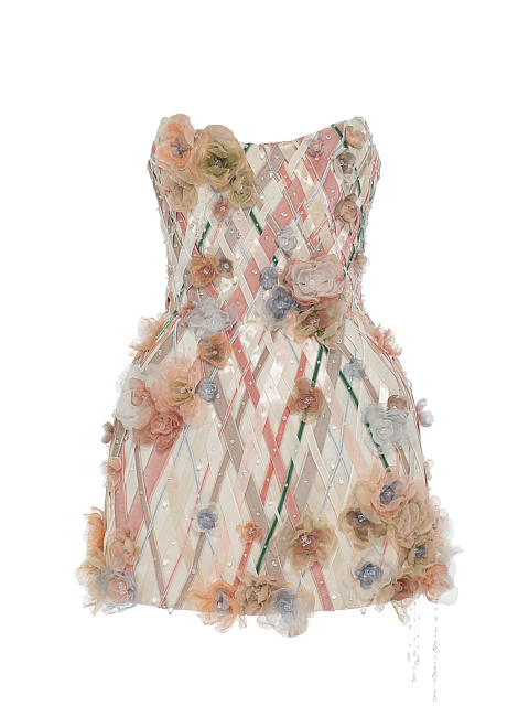 Молочное платье-мини с лентами и кристаллами, 1 Молочное платье-мини с лентами и кристаллами, 1