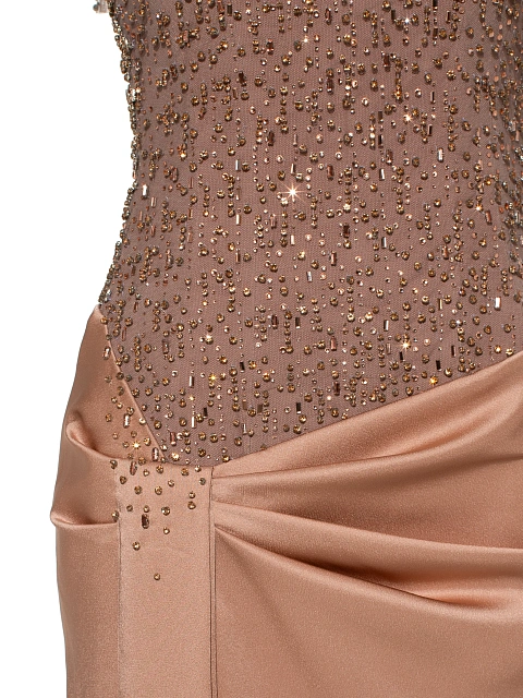Бежевое платье-макси из шелка и сетки с кристаллами, 5
