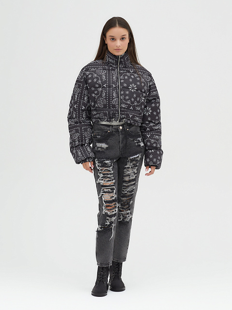 Черный укороченный пуховик с узором «пейсли», 14