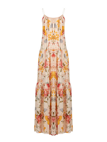 Бежевое платье-макси из шифона с цветочным принтом, 1