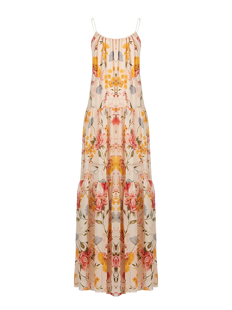 Бежевое платье-макси из шифона с цветочным принтом, 1