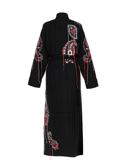 Черное вязаное пальто с косами и вышивкой, 2