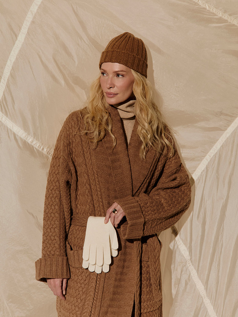 Коричневое вязаное пальто из шерсти мериноса и кашемира, 5