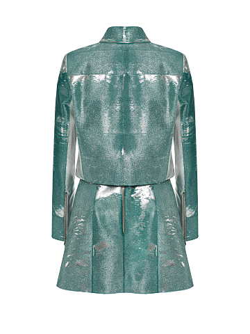 Бирюзовый кожаный комплект из укороченного жакета и юбки-мини, 2