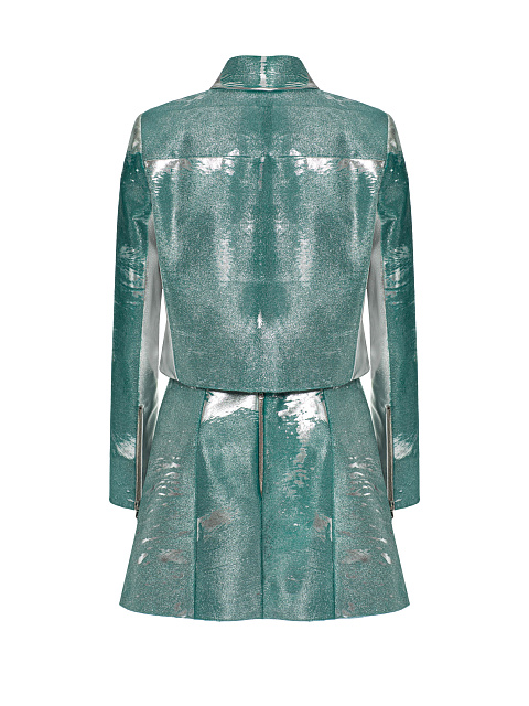 Бирюзовый кожаный комплект из укороченного жакета и юбки-мини, 2