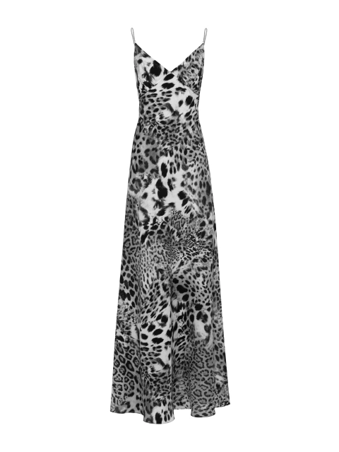 Серое платье-макси из шелка с леопардовым принтом и серебряными бретелями, 1