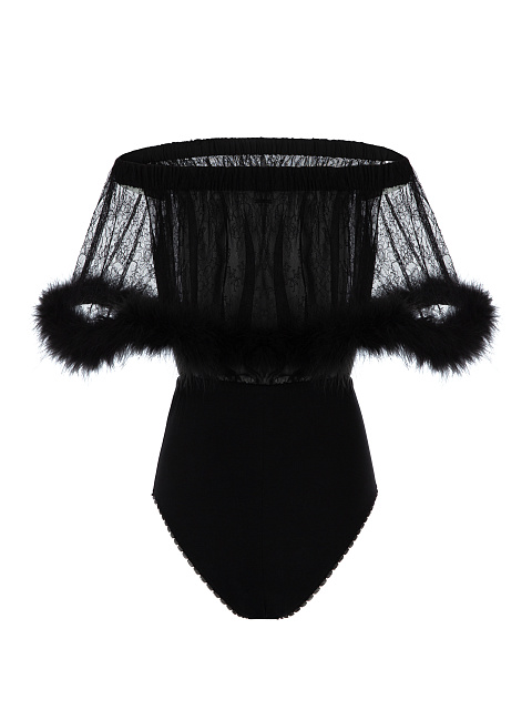 Черное боди из шелка с кружевом и боа, 2