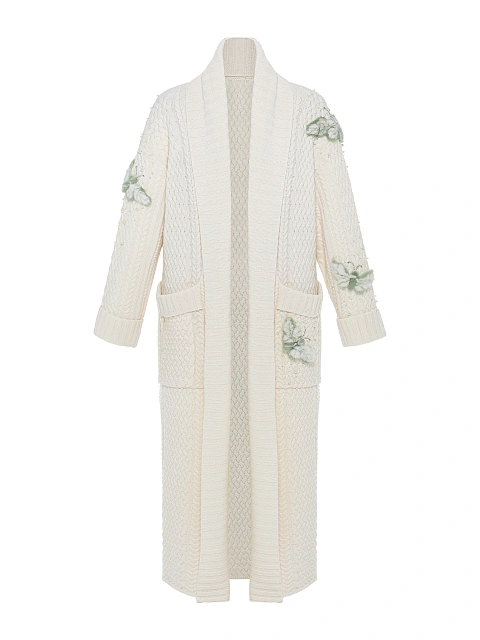 Белое вязаное пальто из кашемира с декором из меха норки, 3