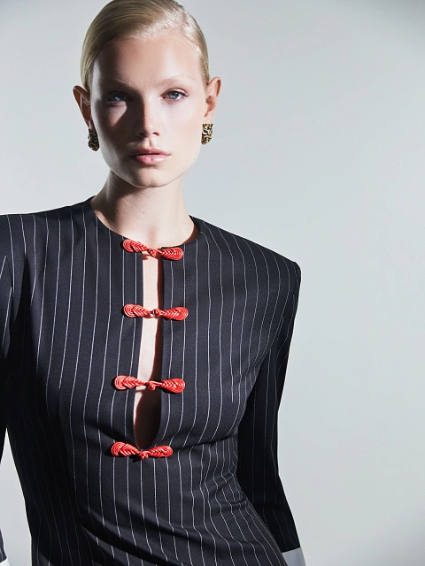 Черное платье в полоску с красными клевантами, 6