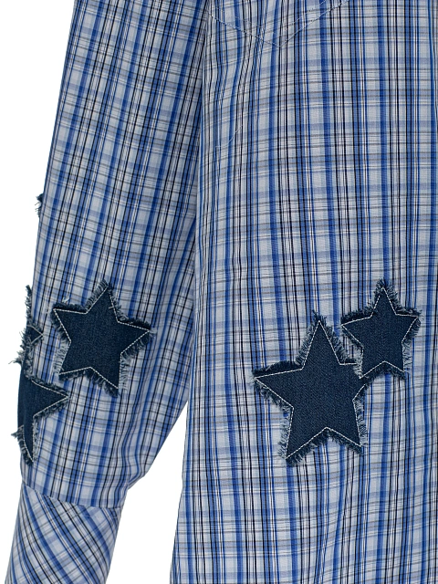 Синяя рубашка из хлопка в клетку с отделкой из денима, 4