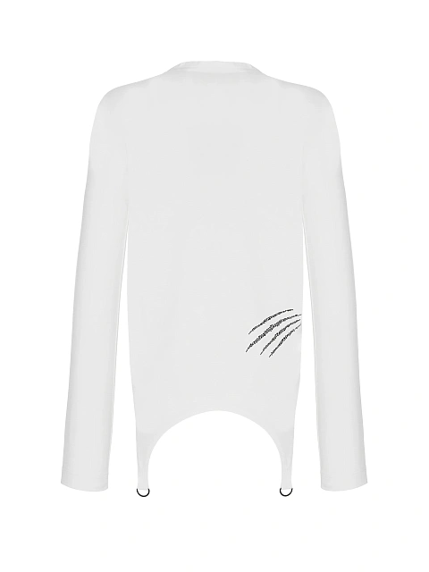 Белый хлопковый лонгслив с фигурным низом и черными стразами, 2