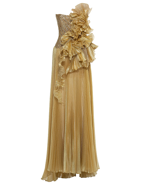 Золотое платье-макси с гофрированной юбкой и драпировкой, 1 Золотое платье-макси с гофрированной юбкой и драпировкой, 1