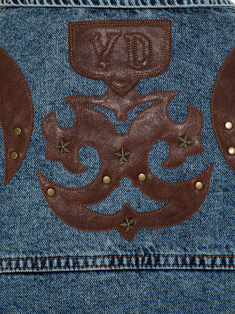 Синяя куртка из денима с отделкой из кожи, 4