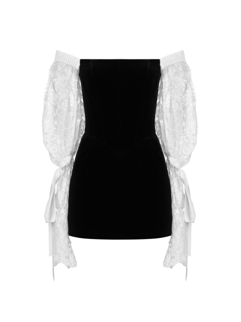 Черное бархатное платье-мини с рукавами из белого кружева, 1