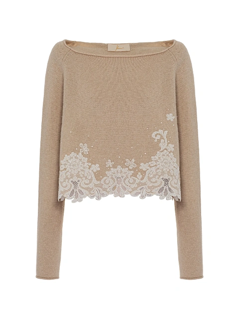 Бежевый укороченный пуловер из кашемира с жемчугом и кружевом, 1 Бежевый укороченный пуловер из кашемира с жемчугом и кружевом, 1