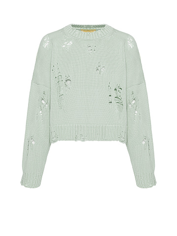 Мятный укороченный свитер из хлопка с дырками, 1