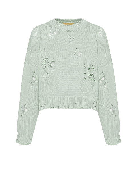 Мятный укороченный свитер из хлопка с дырками, 1