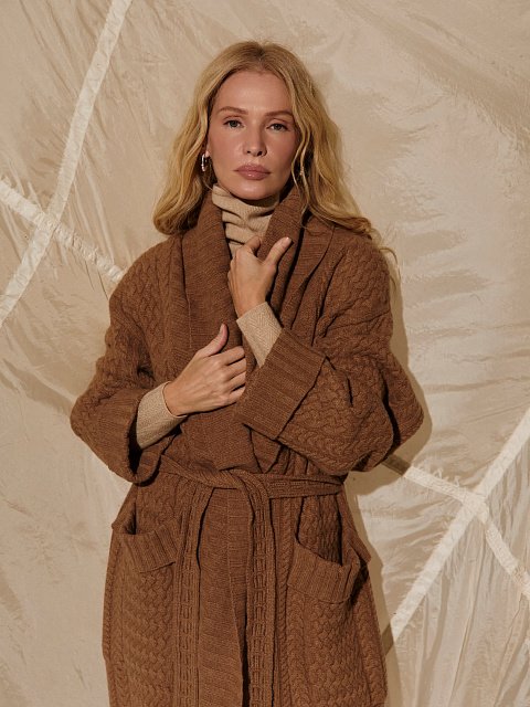 Коричневое вязаное пальто из шерсти мериноса и кашемира, 3