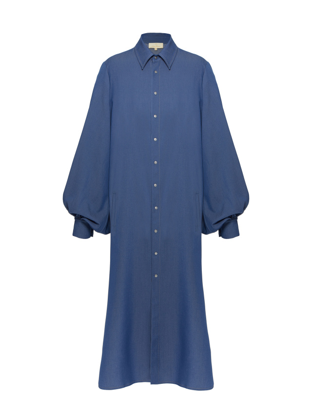 Синее хлопковое платье-рубашка с объемными рукавами, 1