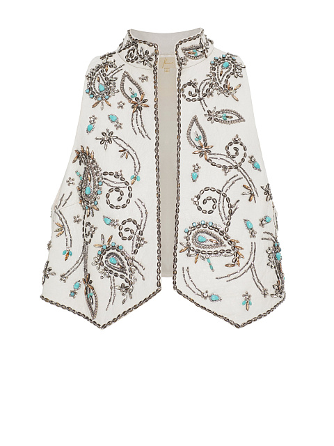 Белый кожаный жилет с вышивкой бирюзой, 1