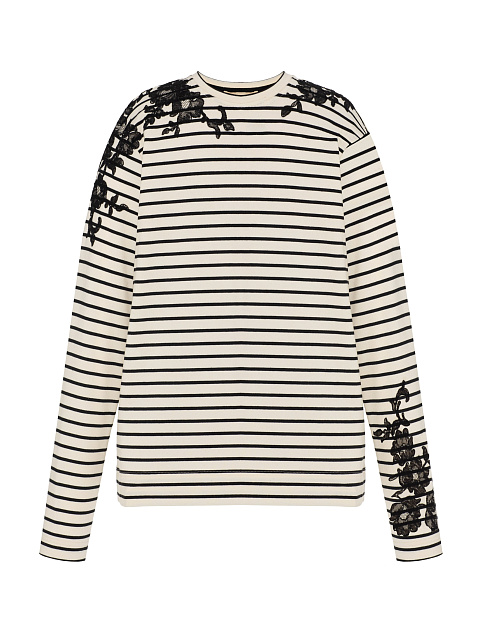 Молочный лонгслив в черную полоску с кружевом, 1