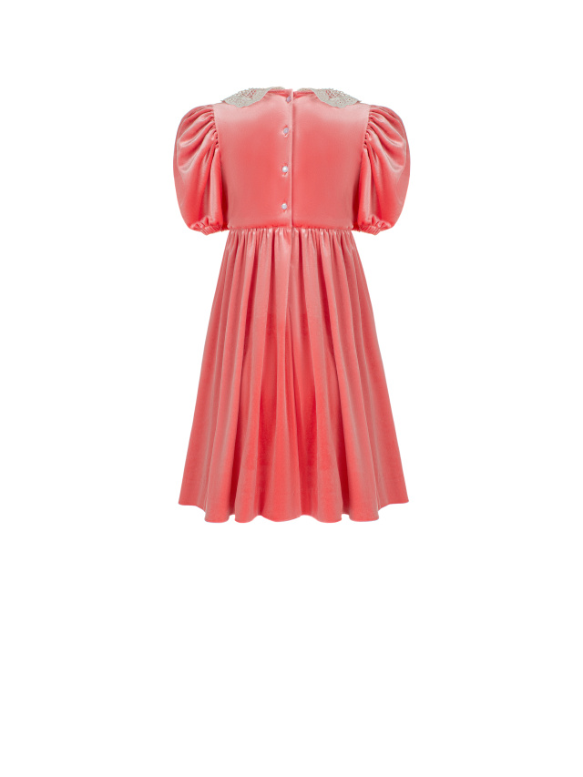 Розовое детское платье из бархата с кружевным воротником, 2