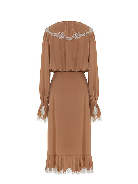 Бежевое платье-миди из шелка с белыми рюшами, 2