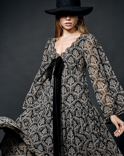 Черное шифоновое платье-миди с узором, 3